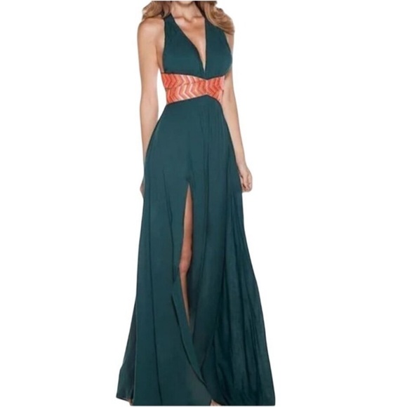OndadeMar Dress Green Long Deep V Neck Metallic Cutouts Maxi Size Medium - Picture 1 of 15